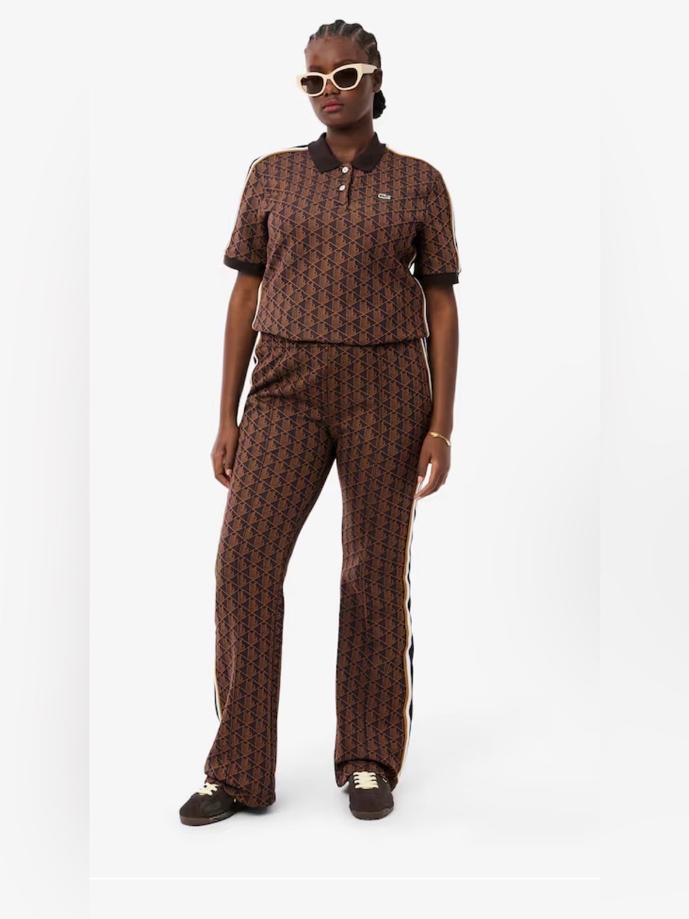 Lacoste Brown Geometric Track Pants with Side Stripe